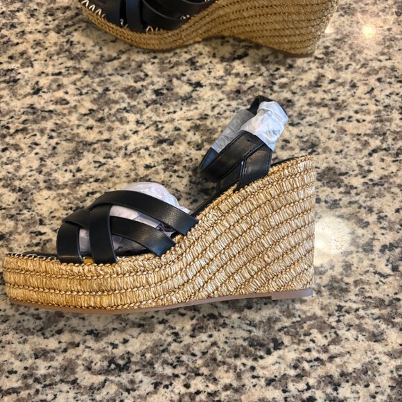 Fashion Nova Lottie Raffia Ankle Strap Platform Wedges Black | Size 7 New No Box - Picture 6 of 8